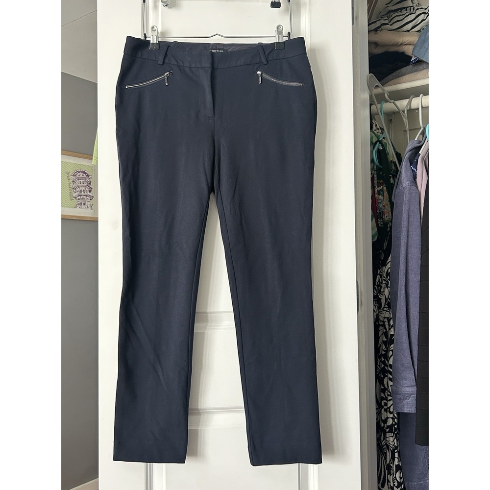 Etcetera Navy Blue Dress Pants Women's Size 6 Gold Zip Slim Ankle Stretch